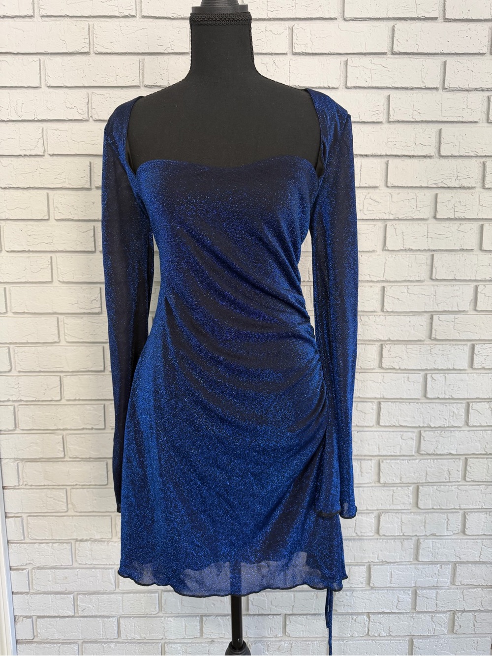 Princess Polly Glitter Ruched Sheer Mesh Mini Bodycon Dress s12 Blue Long Sleeve